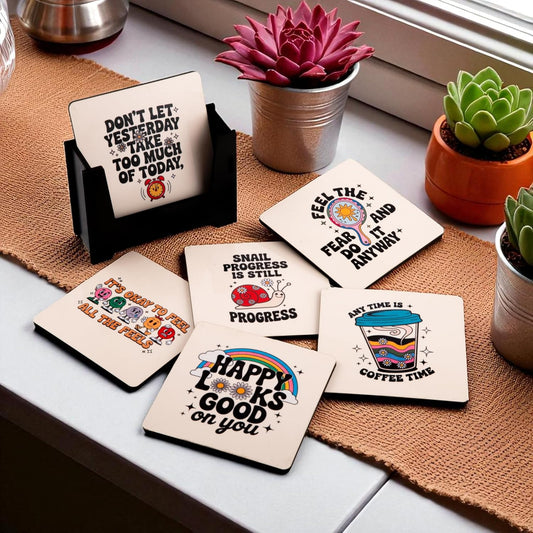 Ramkudi Jhamkudi Wooden Coasters Set of 6 with Holder – Printed Aesthetic Designs, Eco-Friendly, Stylish Home Decor – Made in India – Ideal for Gifting & Table Protection
