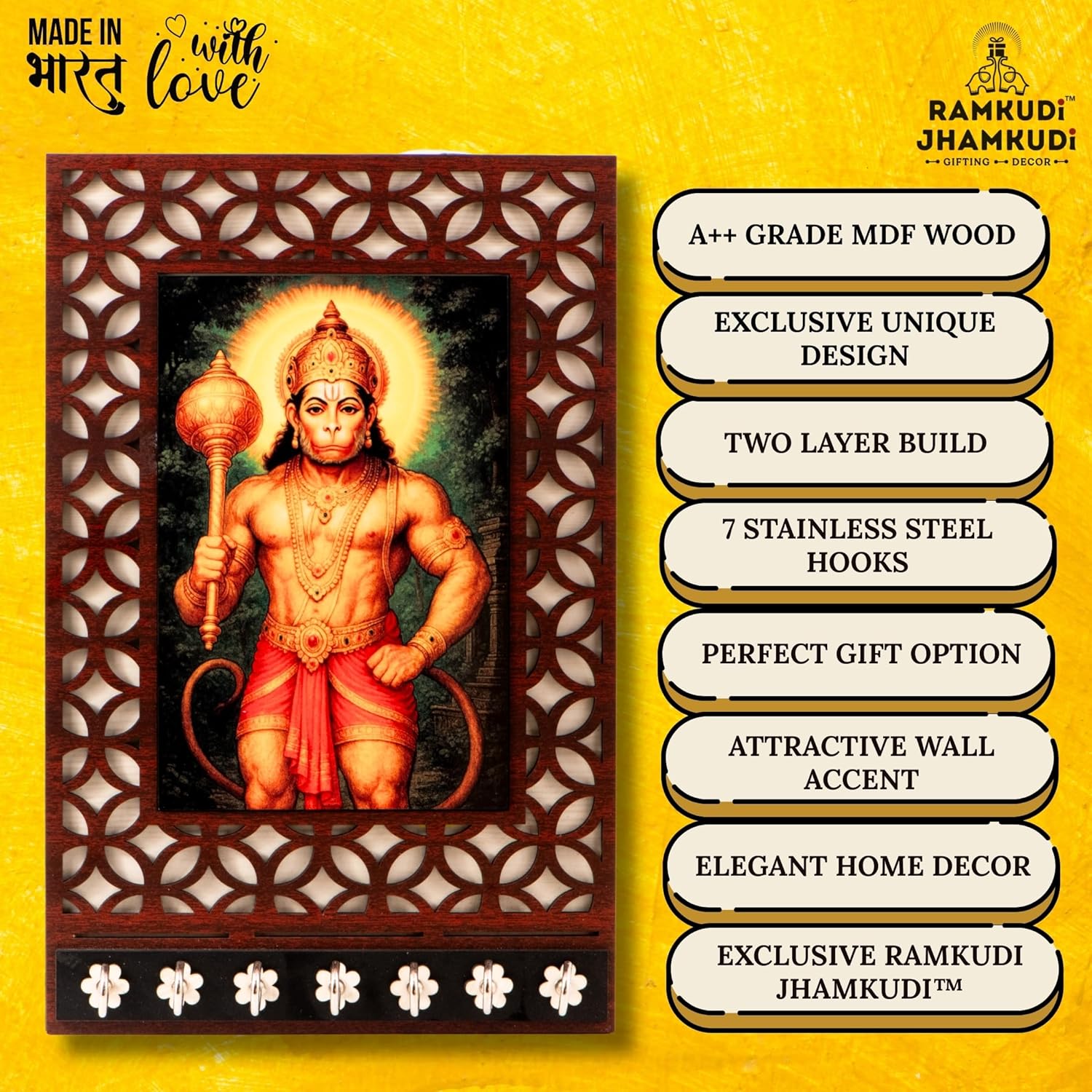 Ramkudi Jhamkudi™ Premium Wooden Lord Hanuman Key Holder for Wall – 2 Layer MDF, 7 Stainless Steel Hooks, Unique Indian Design, Home Decor & Gifting – Made in India