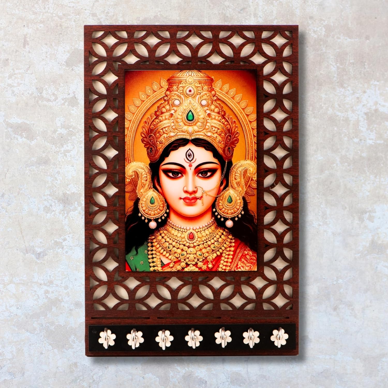 Ramkudi Jhamkudi™ Premium Wooden Maa Durga Face Key Holder for Wall – 2 Layer MDF, 7 Stainless Steel Hooks, Unique Indian Design, Home Decor & Gifting – Made in India