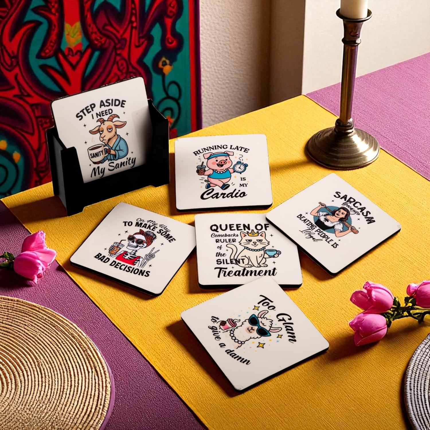 Ramkudi Jhamkudi Wooden Coasters Set of 6 with Sarcastic & Quirky Quotes – Printed Coaster Set with Holder – Funky Home & Office Decor – Eco-Friendly, Made in India, Gift-Ready