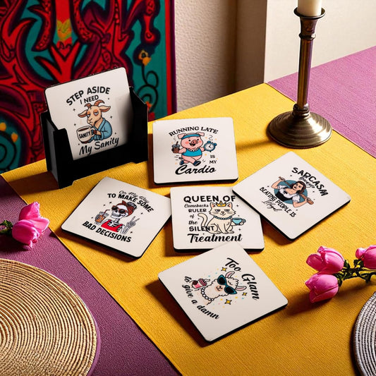 Ramkudi Jhamkudi Wooden Coasters Set of 6 with Sarcastic & Quirky Quotes – Printed Coaster Set with Holder – Funky Home & Office Decor – Eco-Friendly, Made in India, Gift-Ready