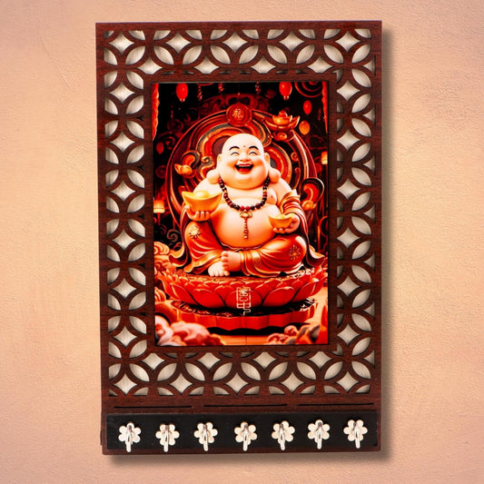 Ramkudi Jhamkudi™ Laughing Buddha Wooden Key Holder – Premium 2 Layer MDF, 7 SS Hooks – Positive Energy Wall Décor & Gifting – Made in India
